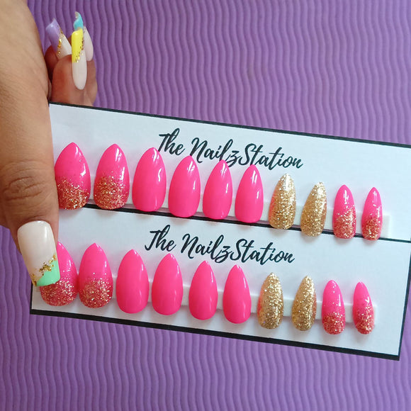 Glossy Bright Pink golden Glitter Press on Nails Set (20 nails / Almond)