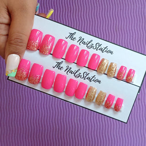 Glossy Bright Pink golden Glitter Press on Nails Set (20 nails / Medium Square)