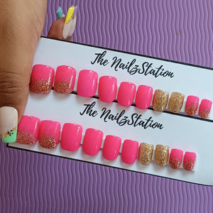 Glossy Bright Pink golden Glitter Press on Nails Set (20 nails / Square)