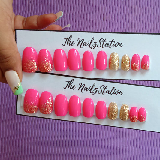 Glossy Bright Pink golden Glitter Press on Nails Set (20 nails / Oval)
