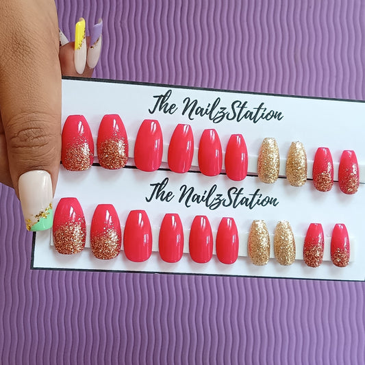 Glossy Bright Pink golden Glitter Press on Nails Set (20 nails / Coffin)