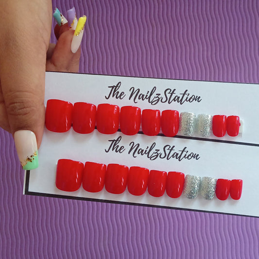 Glossy Red Silver Glitter Press on Nails Set (20 nails / Square)