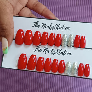 Glossy Red Silver Glitter Press on Nails Set (20 nails / Coffin)