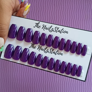 Glossy Dark Purple Press on Nails Set (24 nails / Coffin)