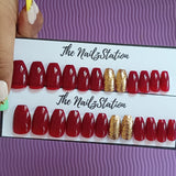 Glossy Maroon Golden Glitter Press on Nails Set (24 nails / Coffin)