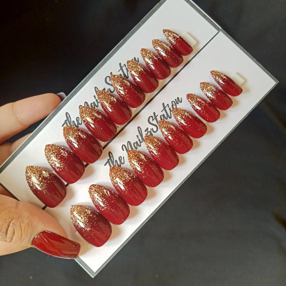 Glossy Maroon Golden Glitter Ombre Press on Nails Set (20 nails / Almond)