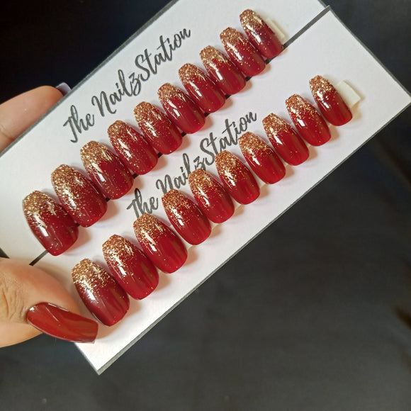 Glossy Maroon Golden Glitter Ombre Press on Nails Set (20 nails / Coffin)