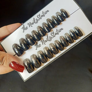 Glossy Black Silver Glitter Ombre Press on Nails Set (20 nails / Coffin)