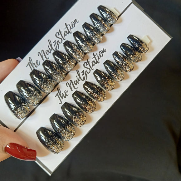 Glossy Black Chunky Silver Glitter Ombre Press on Nails Set (20 nails /Coffin)
