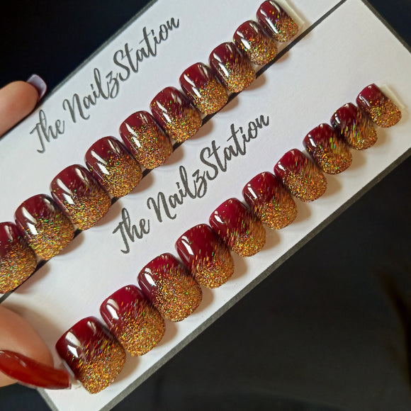 Glossy Maroon Holo Golden Glitter Ombre Press on Nails Set (20 nails /Square)