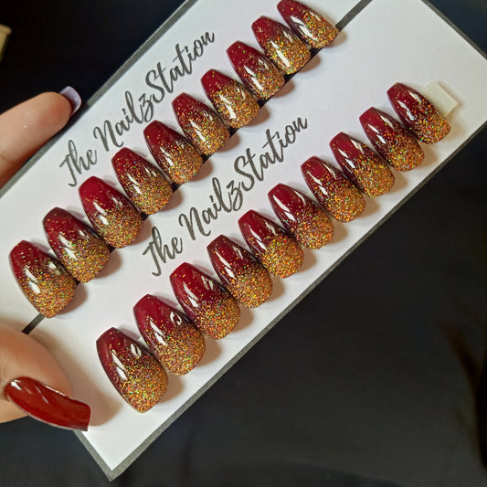 Glossy Maroon Holo Golden Glitter Ombre Press on Nails Set (20 nails /Coffin)
