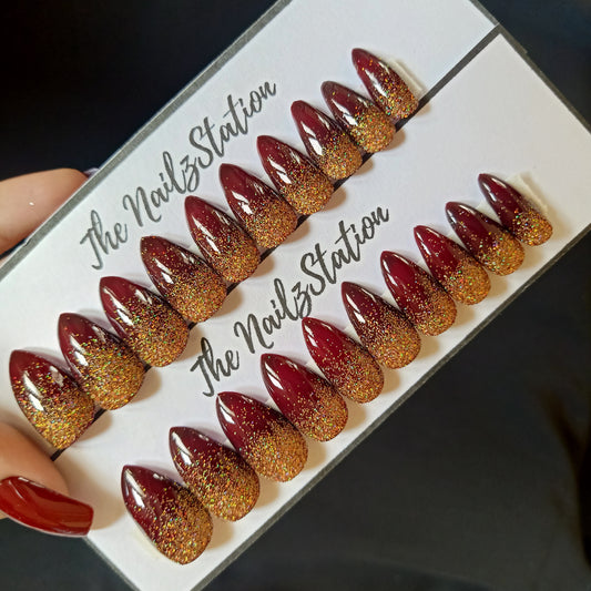 Glossy Maroon Holo Golden Glitter Ombre Press on Nails Set (20 nails /Almond)