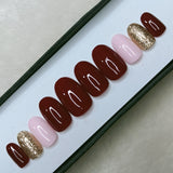 Glossy Maroon With Golden Glitter Press on Nails // 979