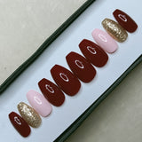 Glossy Maroon With Golden Glitter Press on Nails // 979