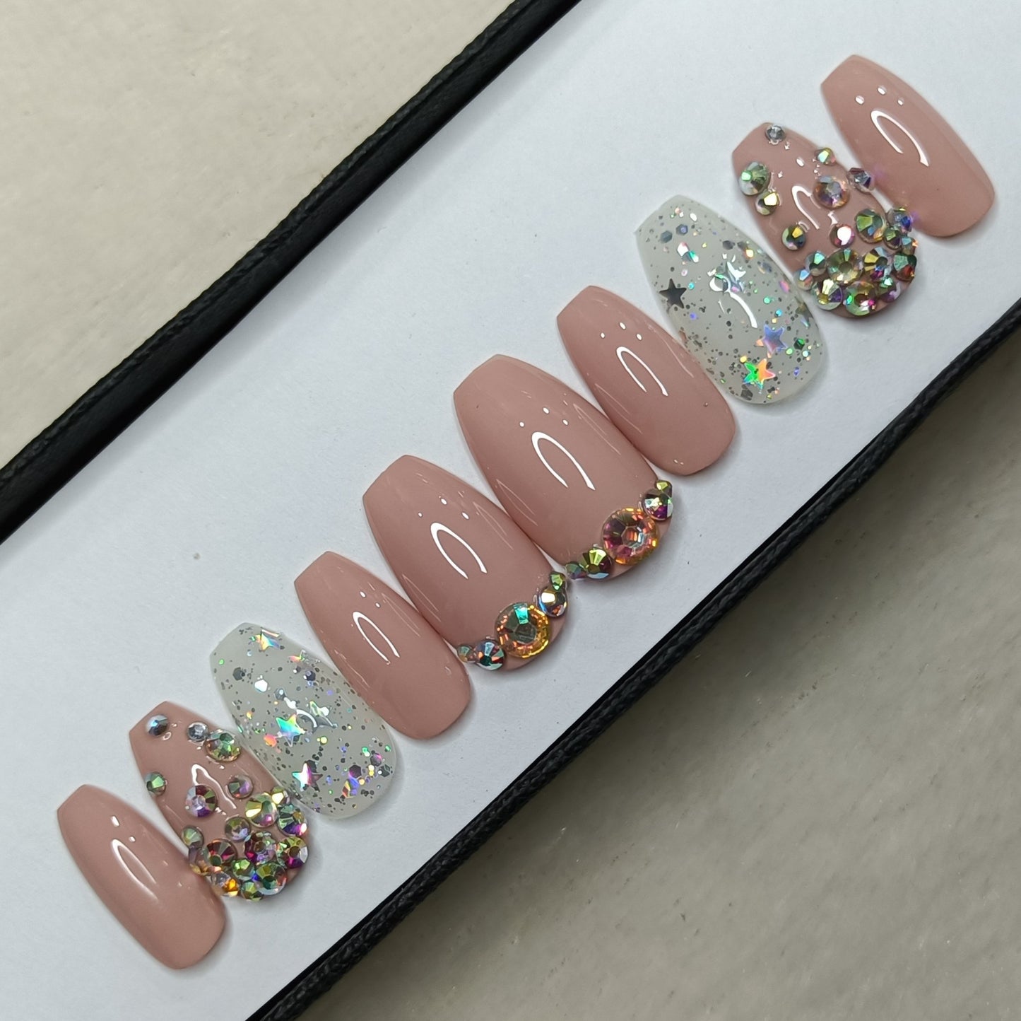 Lux Collection : Glossy Nude Glitter Studded Press on Nails Set // 563