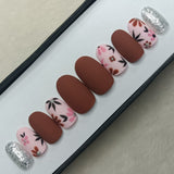 Matte Brown Floral With Silver Glittter Press on Nails Set // 944