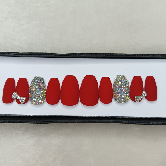 Matte Red with Rhinestones and 3D Bow Press on Nails Set // 206