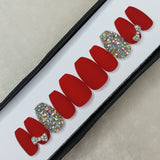 Matte Red with Rhinestones and 3D Bow Press on Nails Set // 206