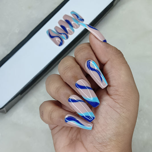 Glossy Nude And Blue Swirl Press on Nails // 1031