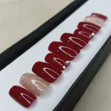 Glossy Red Rhinestones with Glitter Press on Nails Set //1034