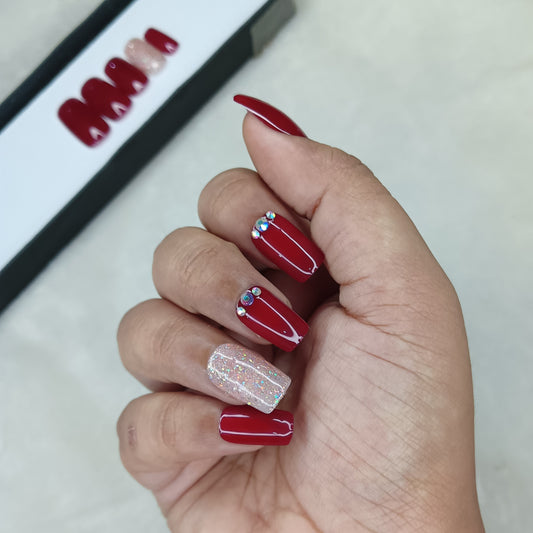 Glossy Red Rhinestones with Glitter Press on Nails Set //1034