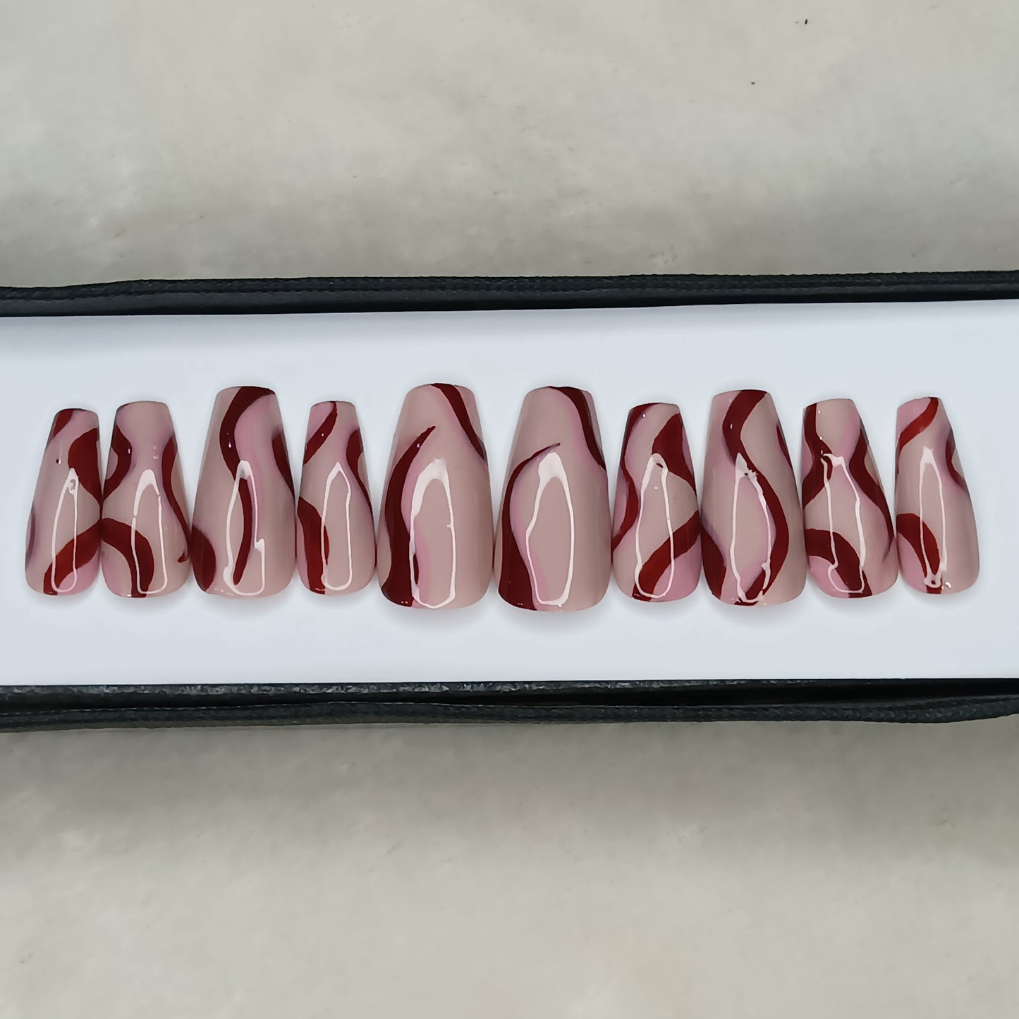 Glossy Nude And Red Swirl Press on Nails // 1033
