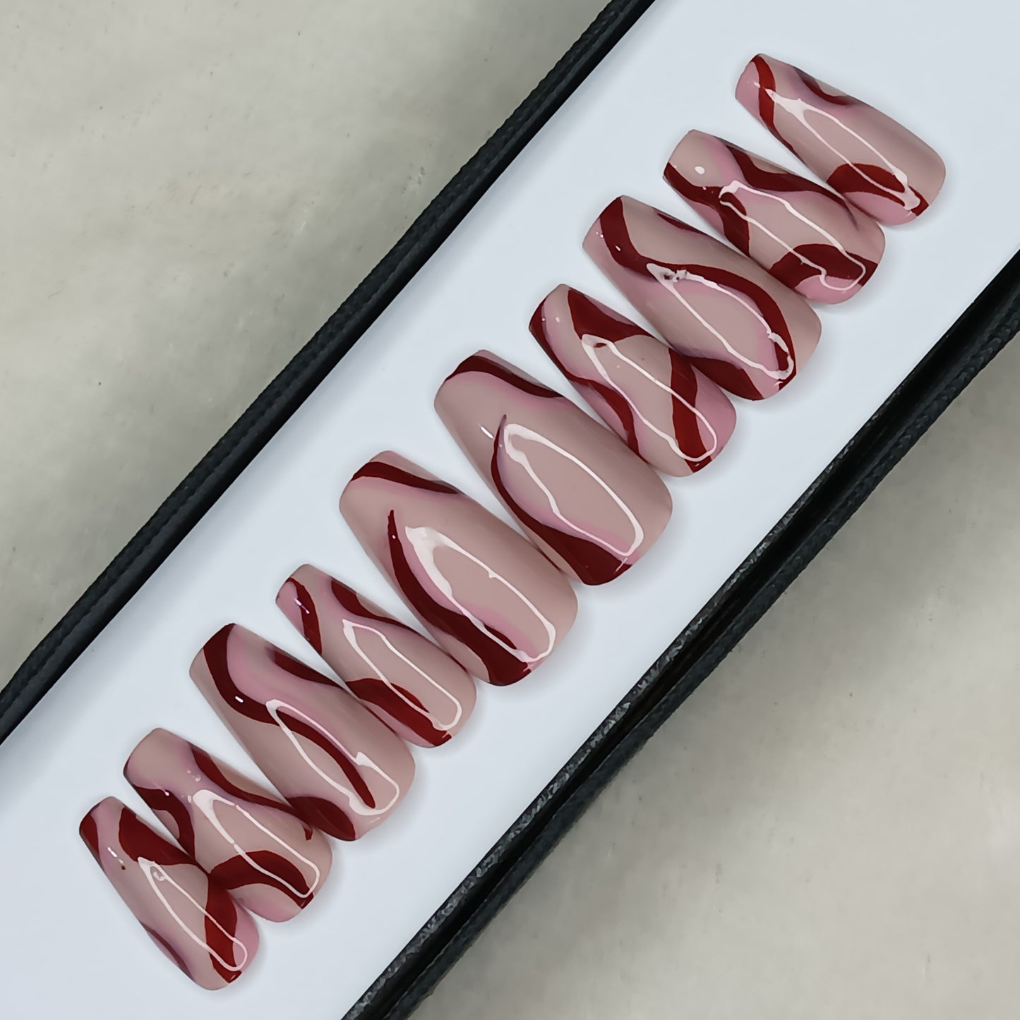 Glossy Nude And Red Swirl Press on Nails // 1033