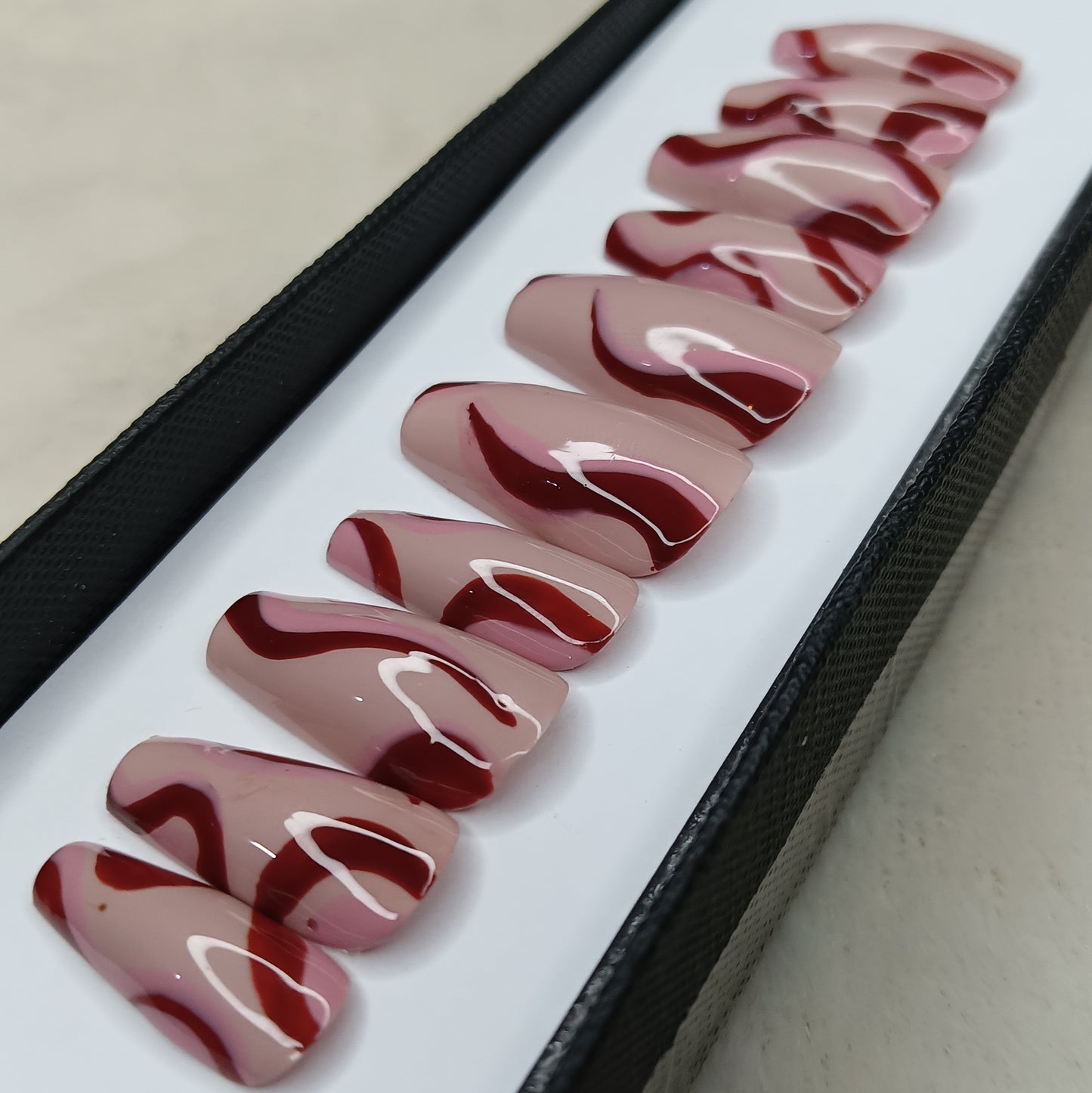 Glossy Nude And Red Swirl Press on Nails // 1033