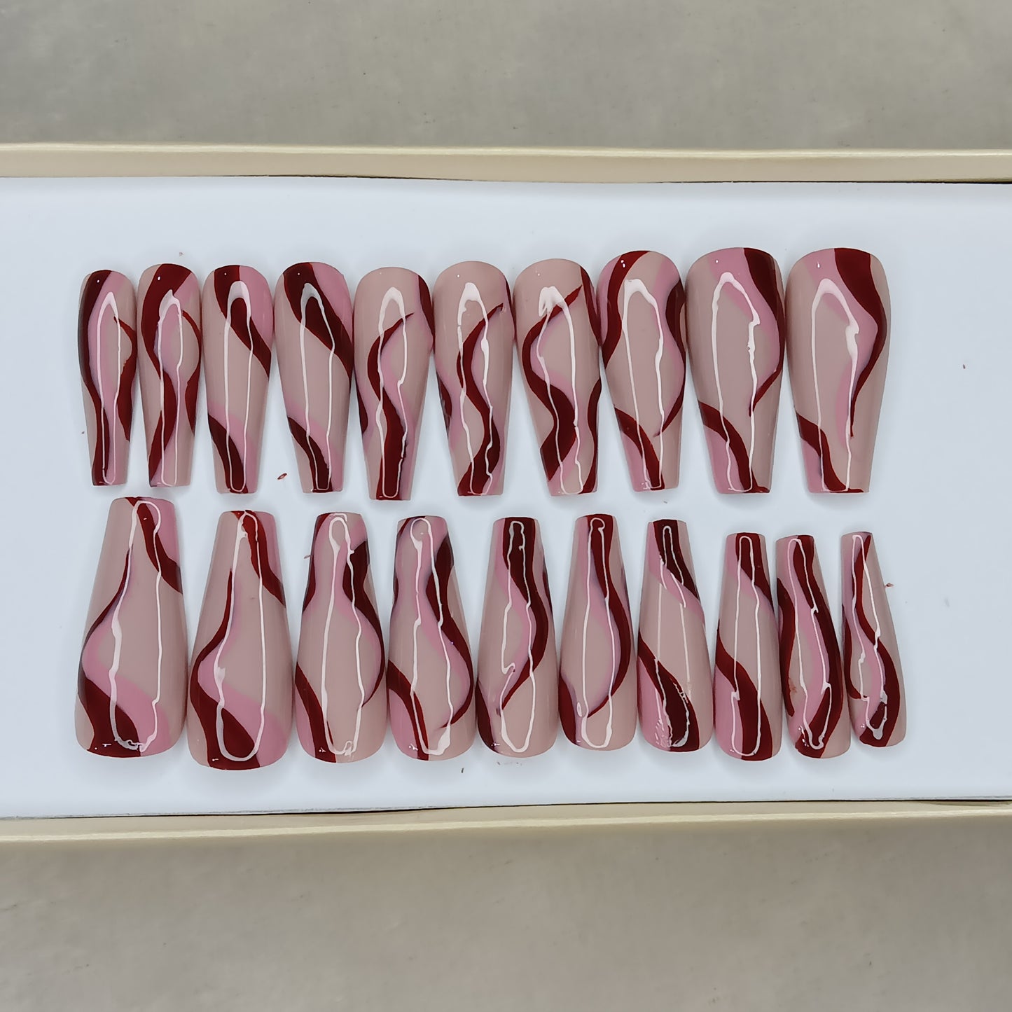 Glossy Nude And Red Swirl Press on Nails // 1033