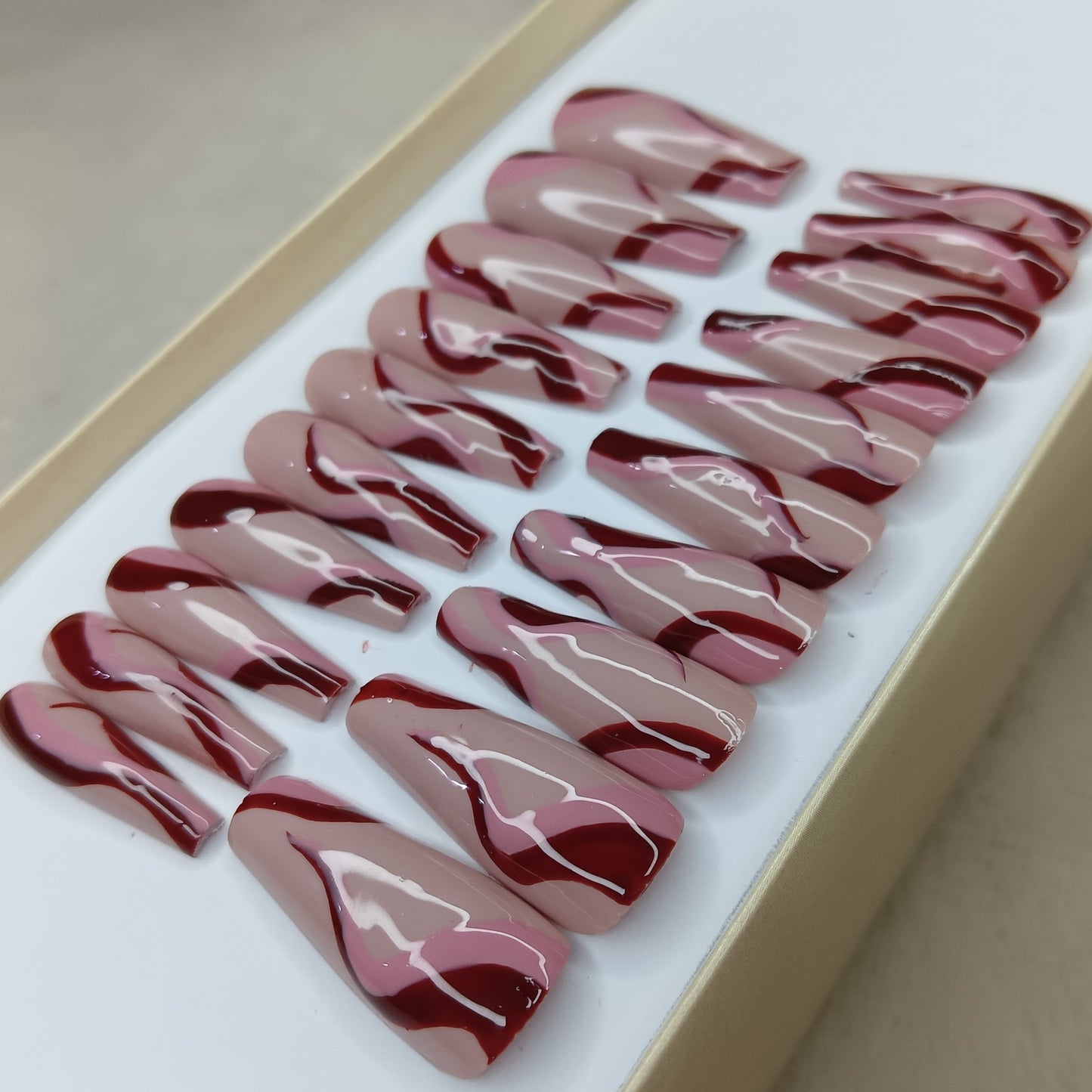 Glossy Nude And Red Swirl Press on Nails // 1033