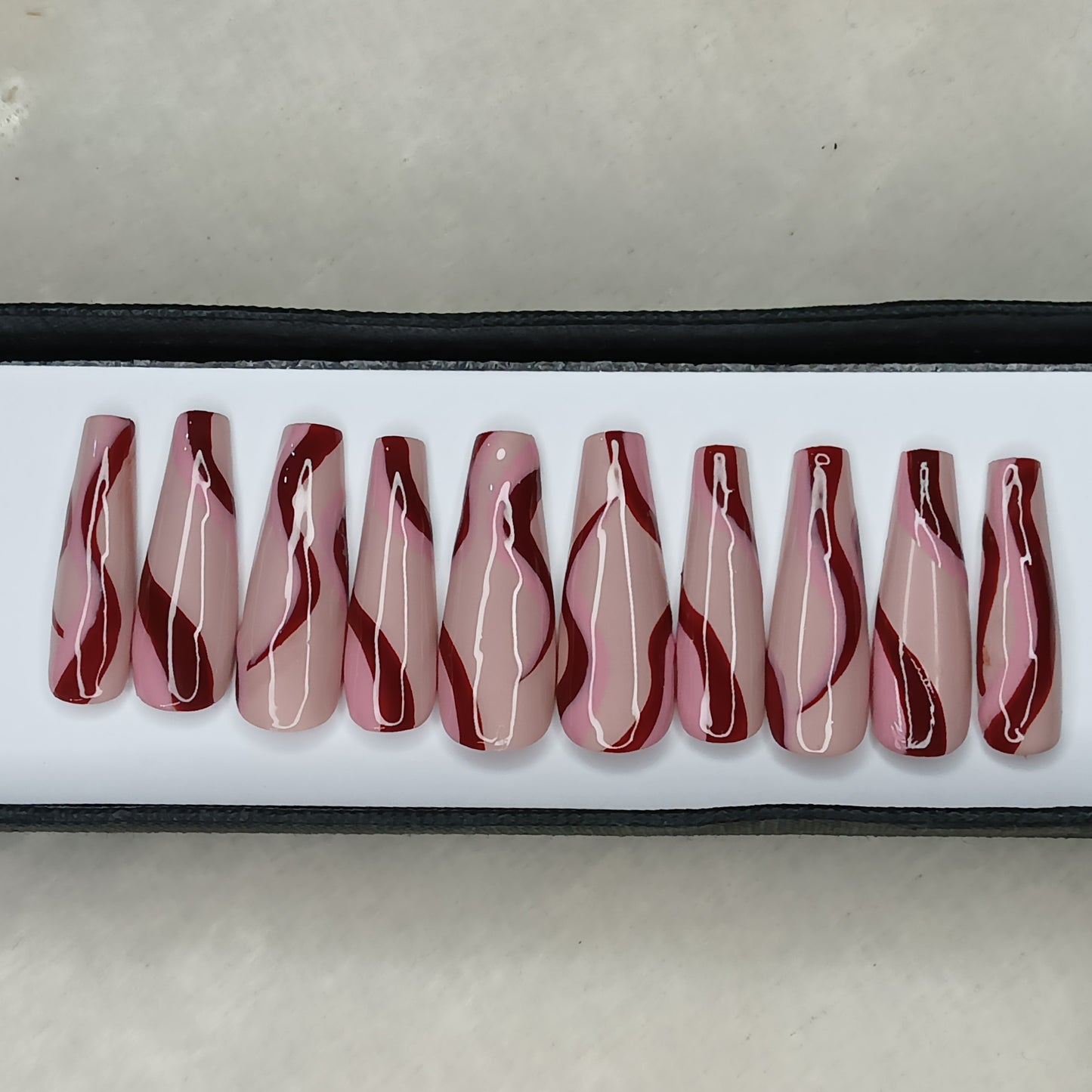 Glossy Nude And Red Swirl Press on Nails // 1033