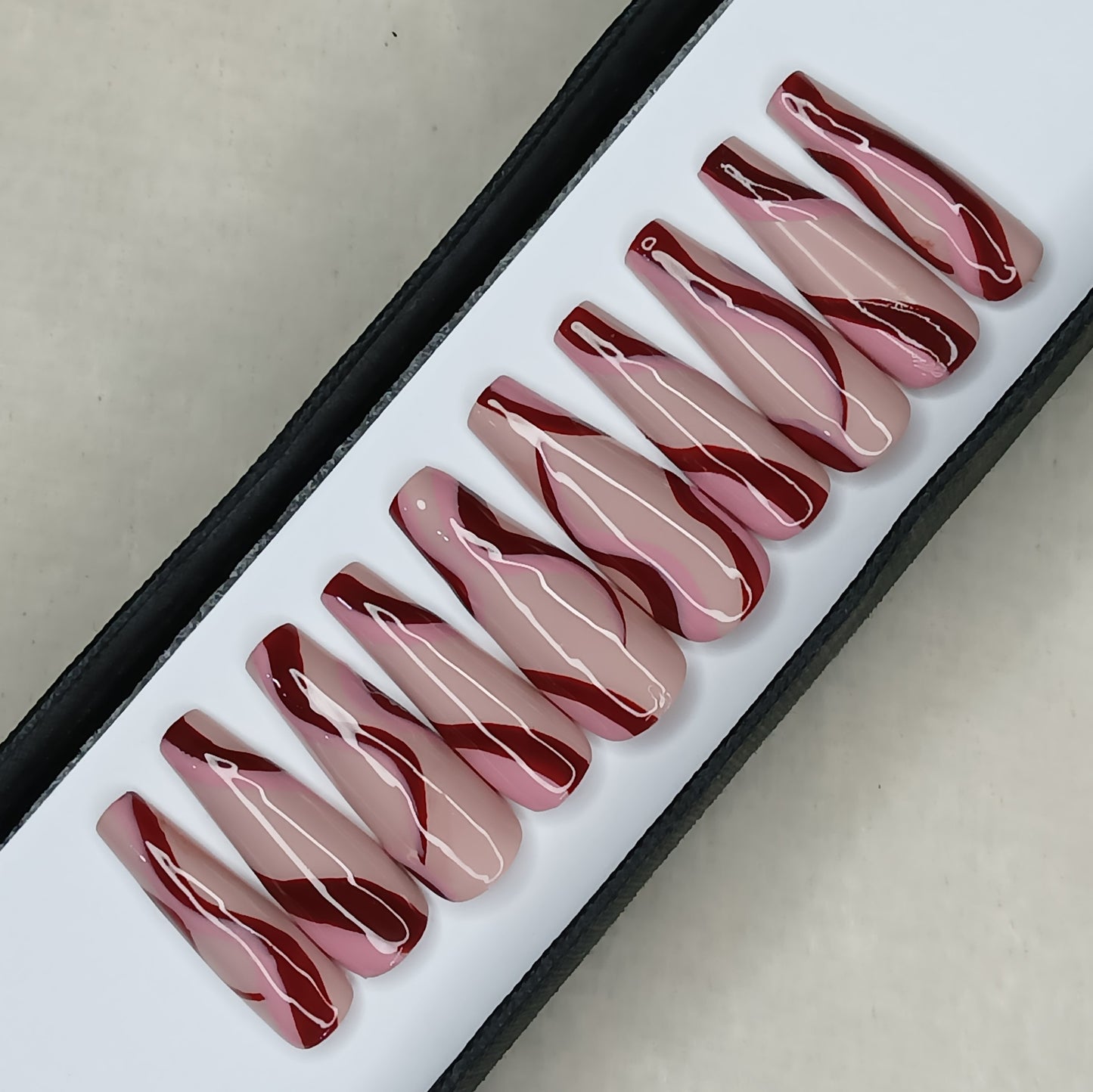 Glossy Nude And Red Swirl Press on Nails // 1033