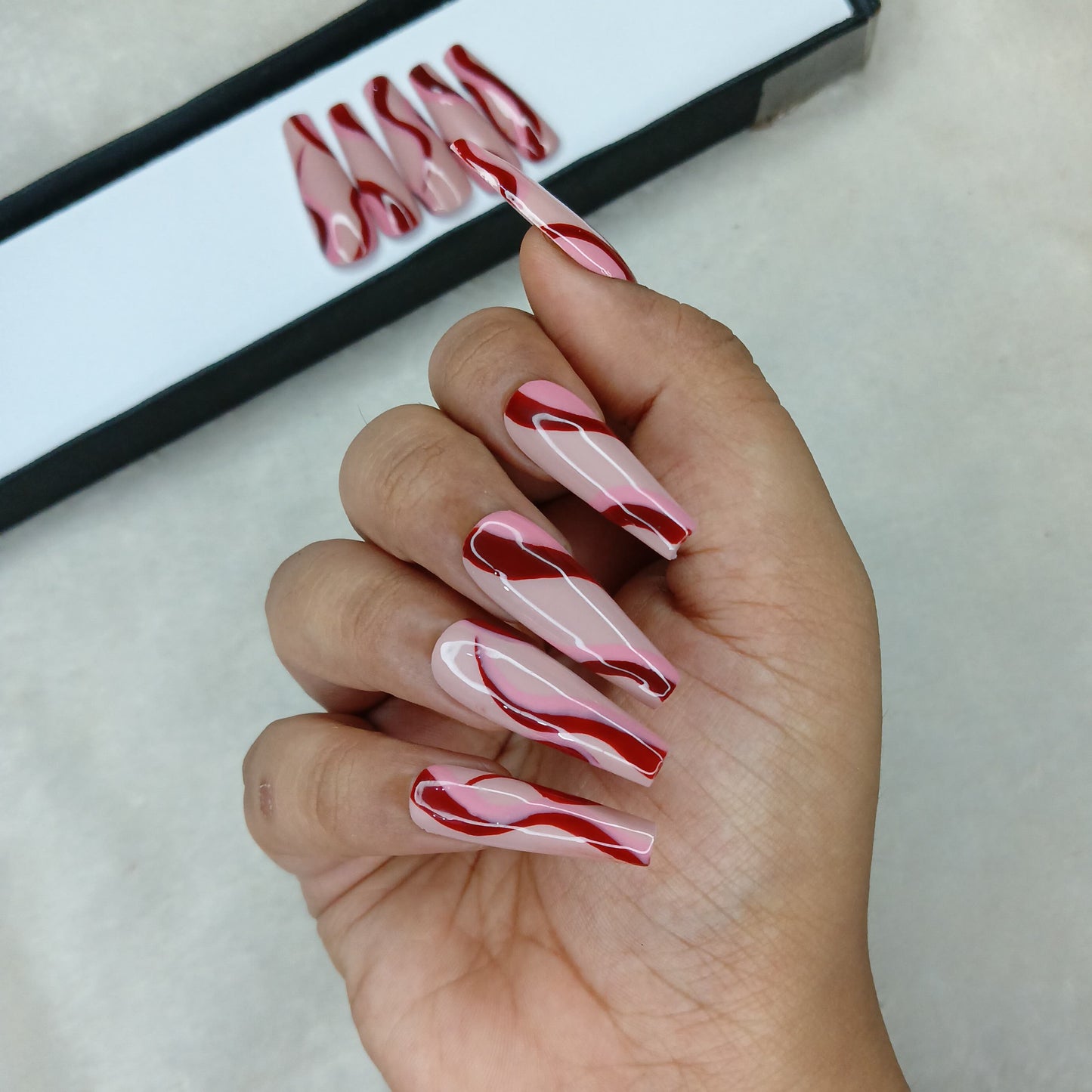 Glossy Nude And Red Swirl Press on Nails // 1033