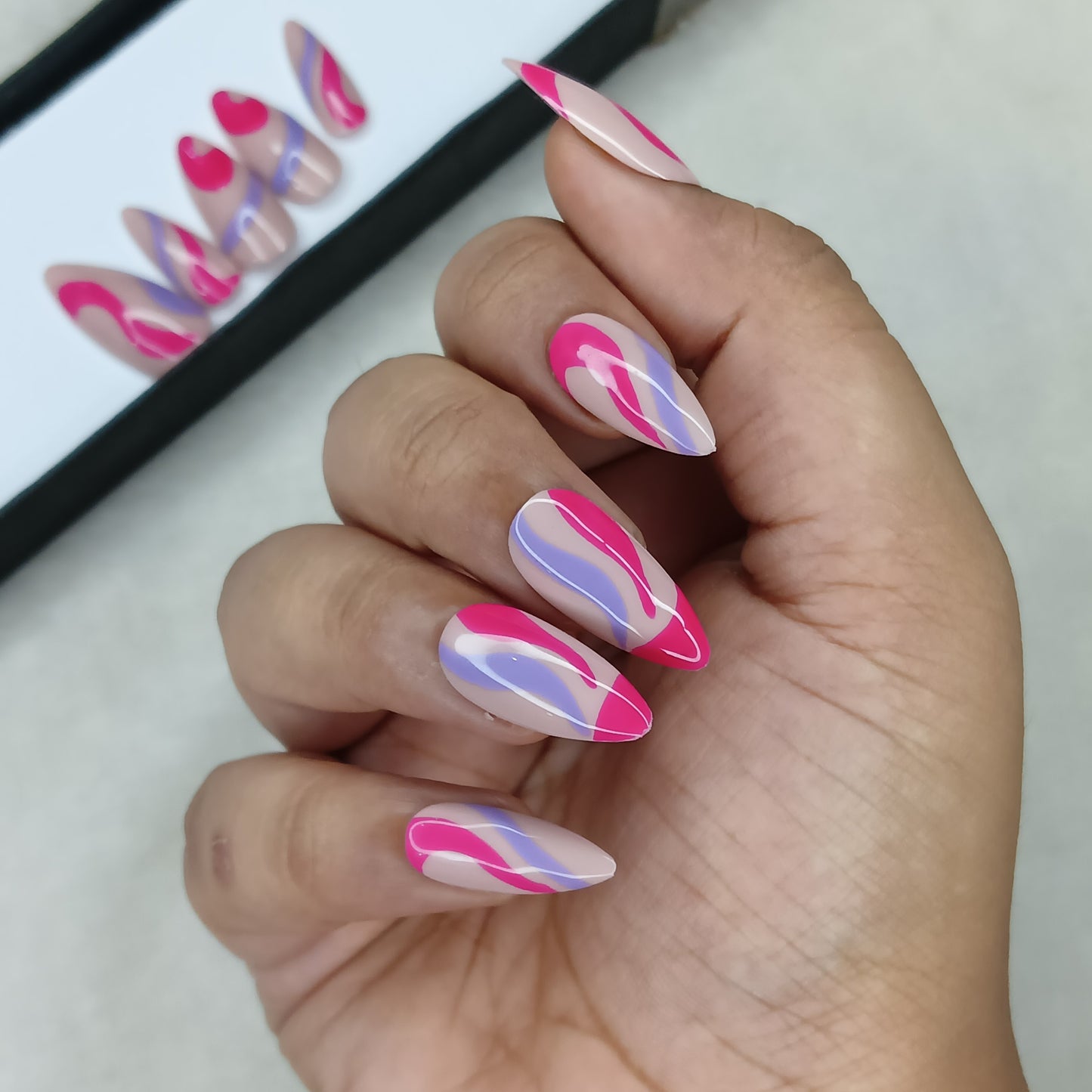 Glossy Nude And Pink Blue Swirl Press on Nails // 998