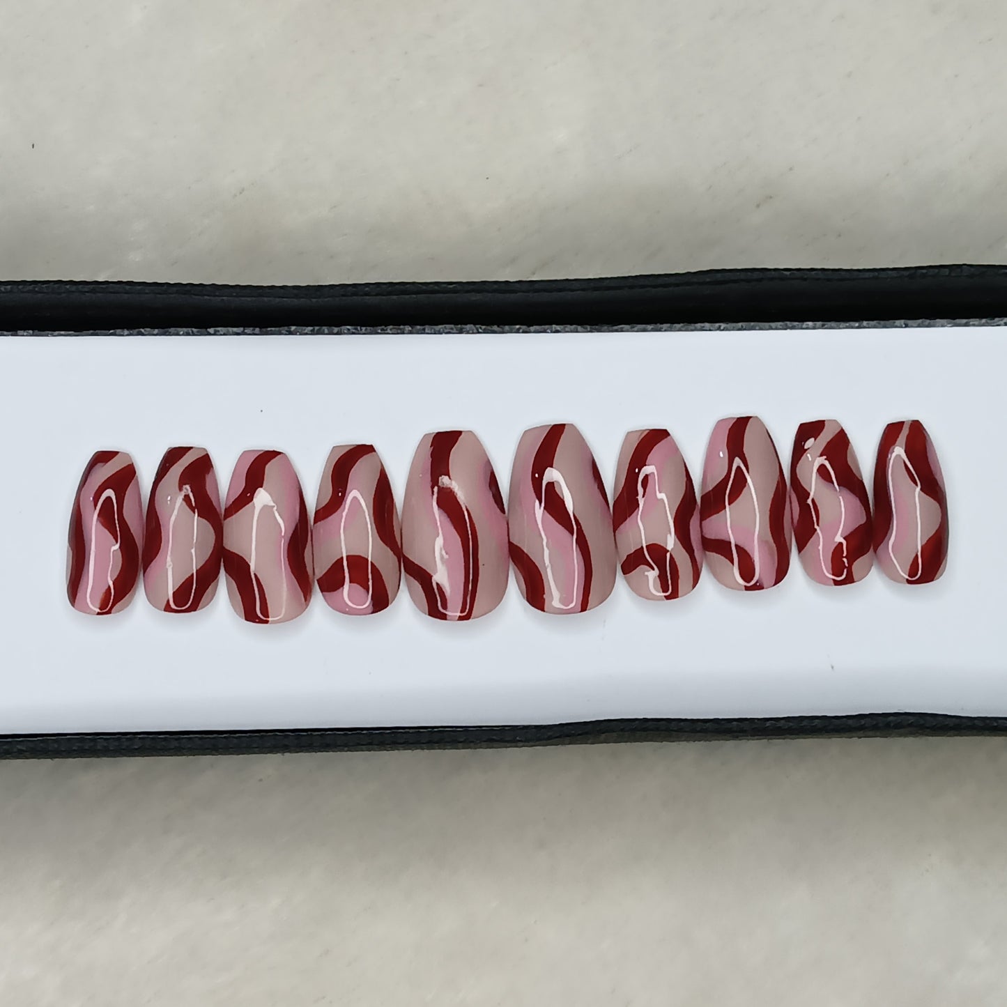 Glossy Nude And Red Swirl Press on Nails // 1033