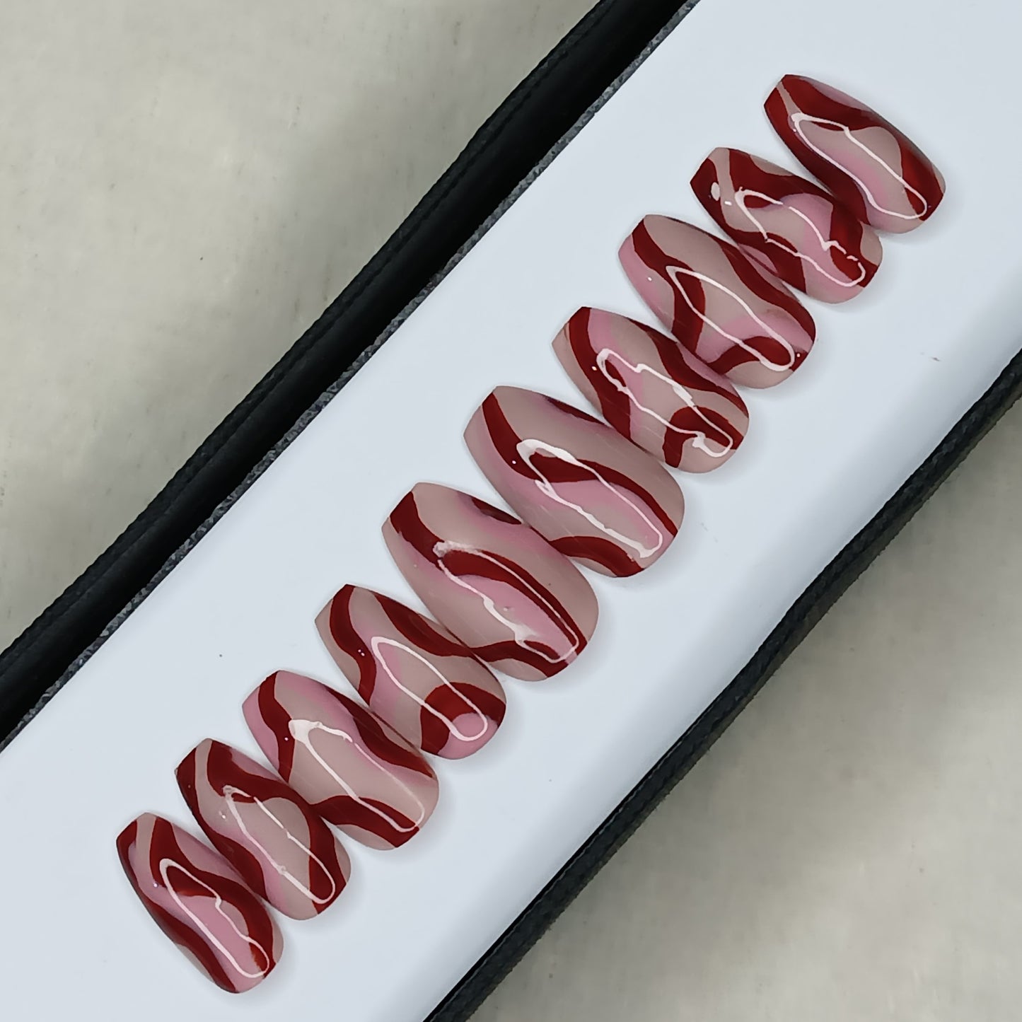 Glossy Nude And Red Swirl Press on Nails // 1033