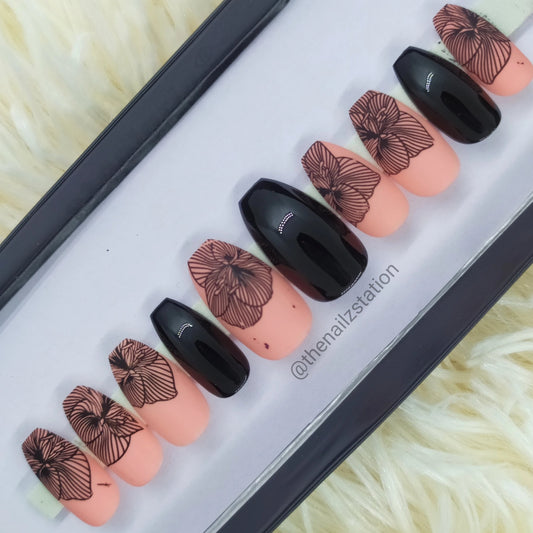 Light Pink and Black Floral Print Press on Nails // 131