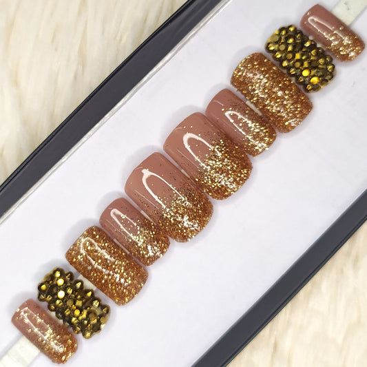 Glossy Nude with Glitter and Rhinestones Press on Nails Set // 234