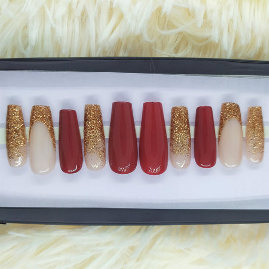 Glossy Maroon with French Glitter Press on Nails Set // 156