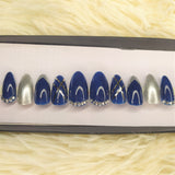 Glossy Blue with Silver Rhinestones Press on Nails Set 149