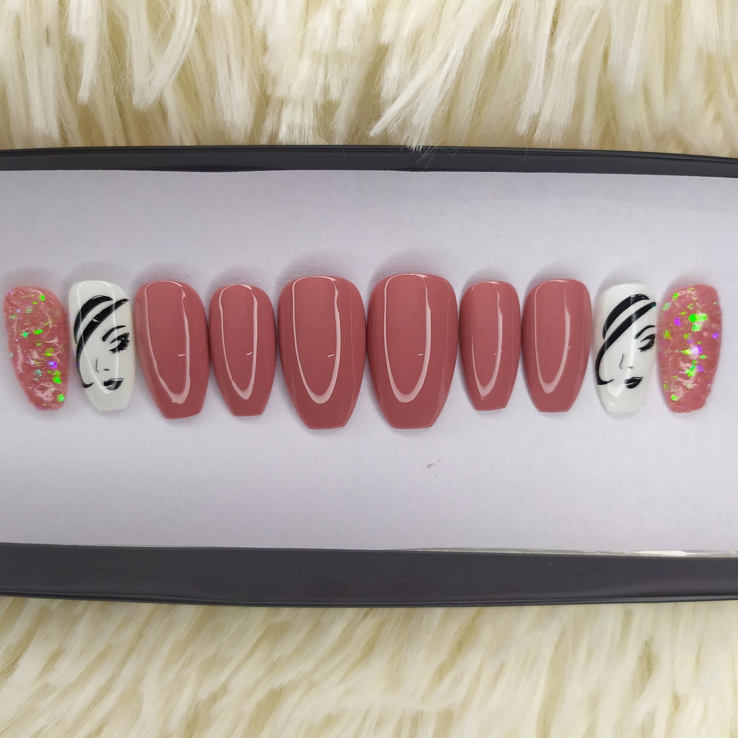 Glossy Pink Nude Lady Print Press on Nails Set // 167