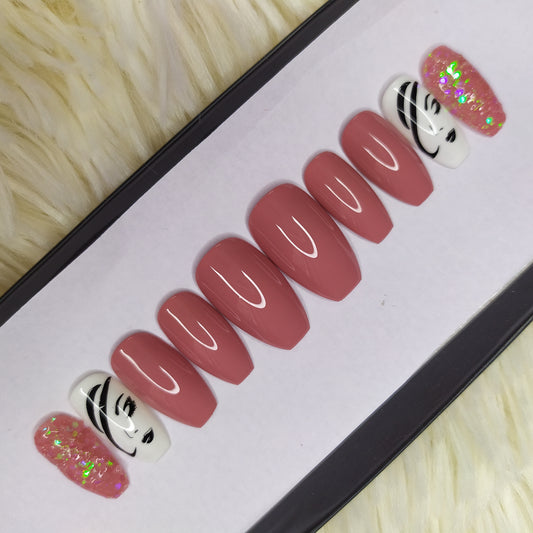 Glossy Pink Nude Lady Print Press on Nails Set // 167