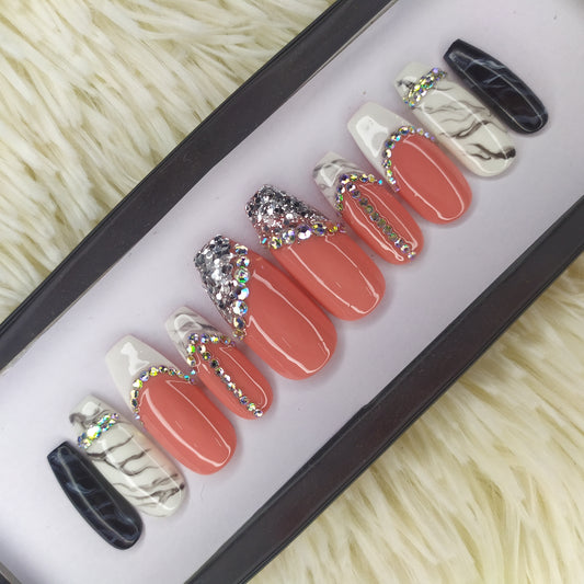 Pink with Rhinestones and B&W marble Press on Nails Set // 241