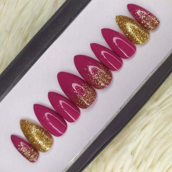 Dark Pink Ombre Glitter Accent Press on Nails Set // 213