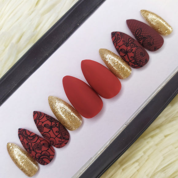 Matte Red Printed with Glitter Accent Press on Nails Set // 211