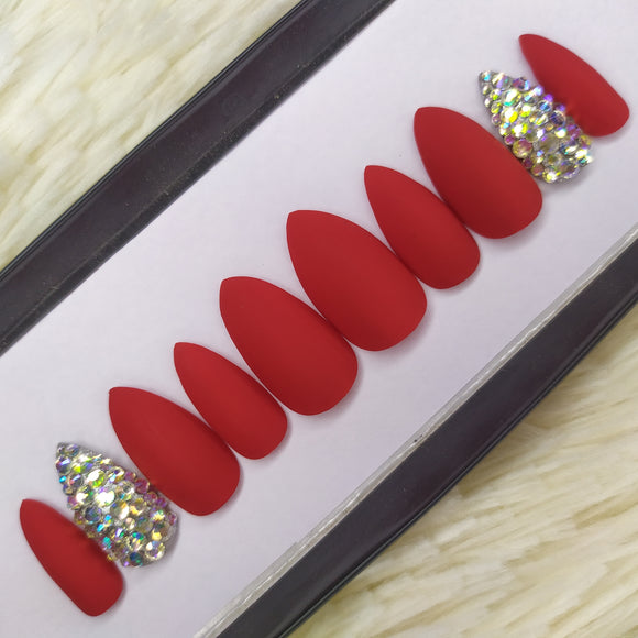Matte Red with Full Rhinestones Accent Press on Nails Set // 209