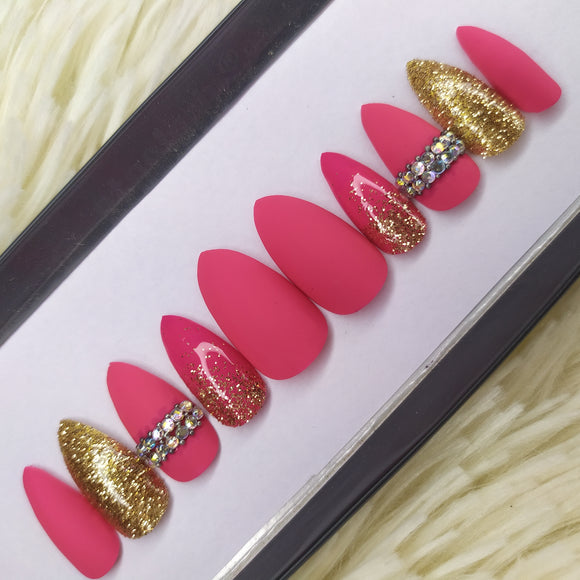 Matte Pink with Rhinestones and glitter Press on Nails Set//207