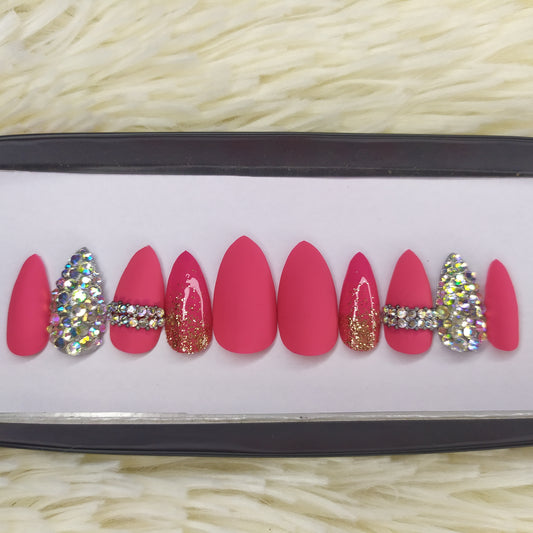 Matte Pink with Rhinestones and glitter ombre Press on Nails Set// 240