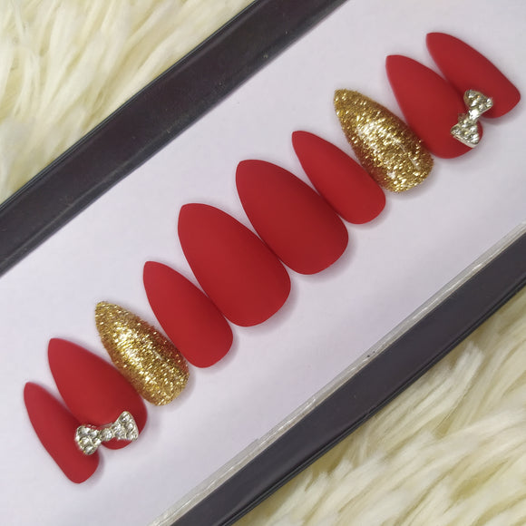 Matte Red with Glitter and 3D Bow Press on Nails Set // 205