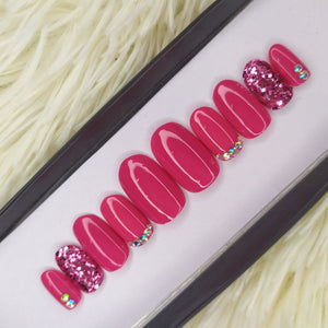 Pink Glossy with Glitter and Rhinestones Press on Nails Set // 236